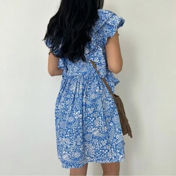 Zara Floral Ruffle Sleeve Cotton Poplin Mini Dress Blue White Size Large - Picture 4 of 14